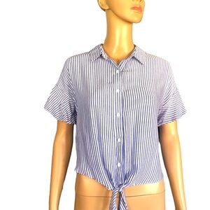 Mossimo blue white striped shirt sleeve button down tie blouse size medium